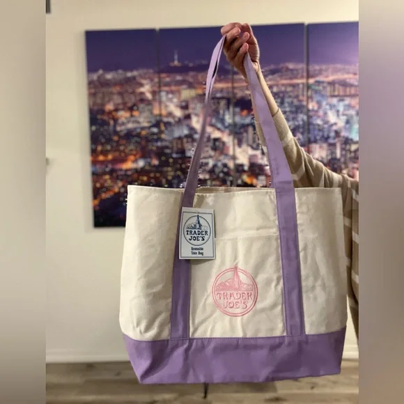Trader Joe's Canvas Large Tote Bag in Cream and Lavender - Picture 1 of 3